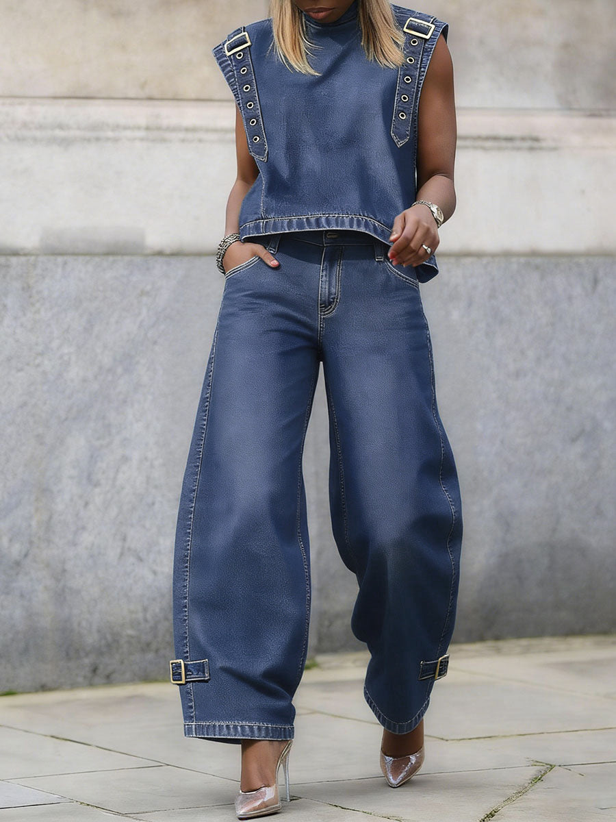Sleeveless Buckle Buttoned Solid Color Round-Neck Vest Top