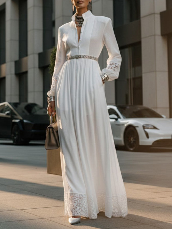 A-Line High Waisted Buttoned Hollow No Belt Pleated Pockets Solid Color Split-Joint Stand Collar Maxi Dresses Shirt Dress