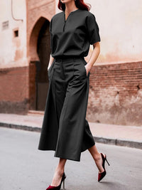 Loose Wide Leg Pockets Solid Color Ninth Pants Trousers