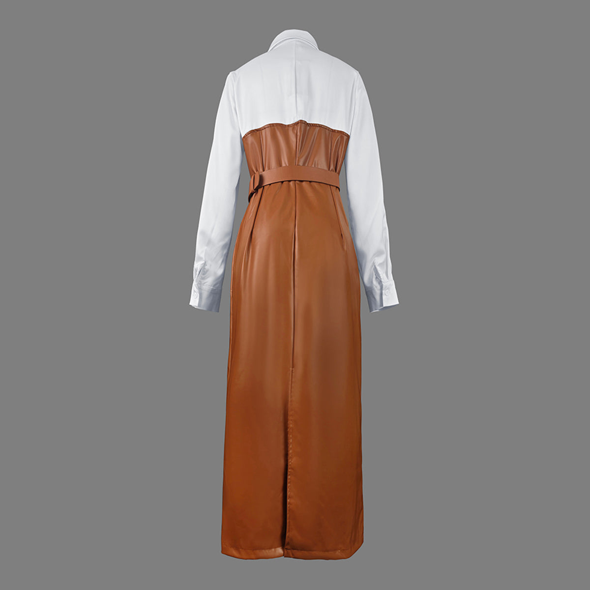 Belted Buttoned Split-Joint Long Sleeves Skinny Lapel Shirt Dress Midi Dresses