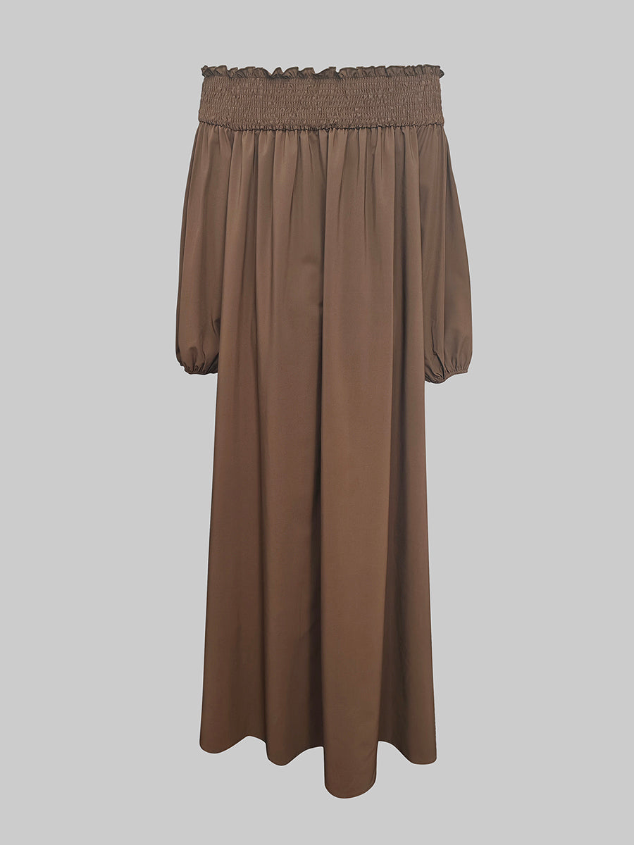 Loose Puff Sleeves Elasticity Pleated Solid Color Off-The-Shoulder Maxi Dresses