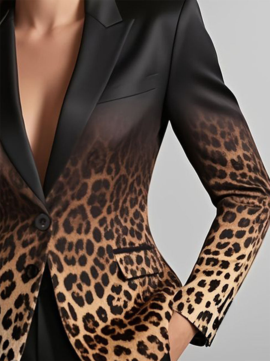 Buttoned Gradient Leopard Pockets Long Sleeves Notched Collar Outerwear Blazer