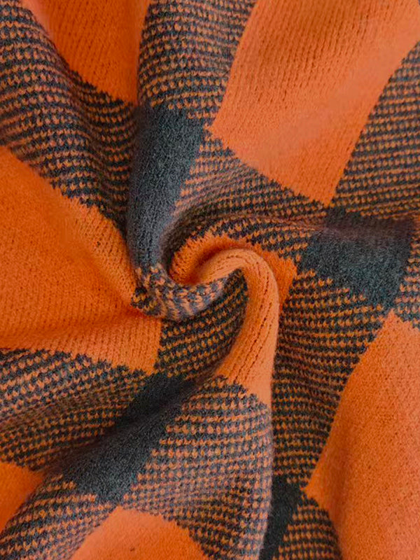 Contrast Color Plaid Long Sleeves Mock Neck Sweater Tops