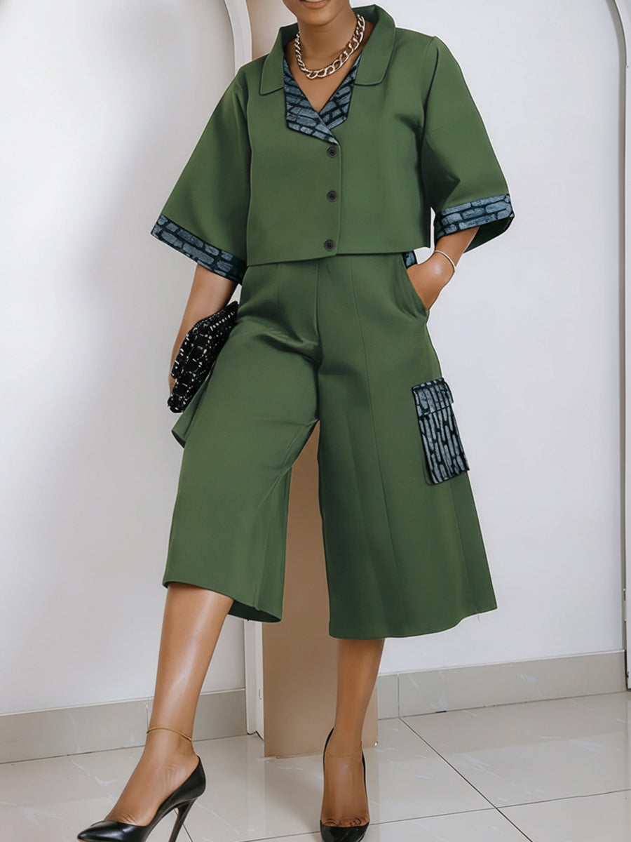 Loose Short Sleeves Buttoned Contrast Color Split-Joint Lapel Blouses&Shirts Tops