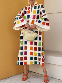 Original Flared Sleeves Split-Joint Multi-Colored Plaid Midi Dress
