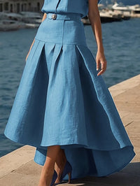 High Waisted High-Low Belted Pleated Solid Color Skirts Bottoms