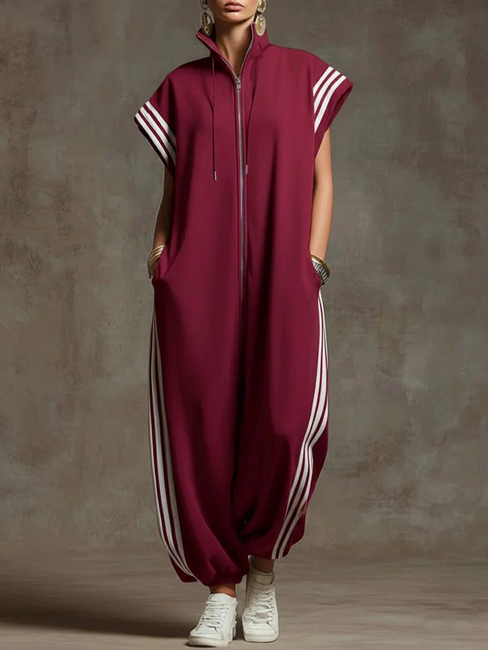Loose Plus Size Contrast Color Pockets Split-Joint Striped Zipper Stand Collar Jumpsuits Ninth Pants