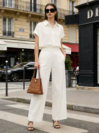 Casual Short Sleeves Loose Solid Color Lapel Collar Blouses&Shirts Tops