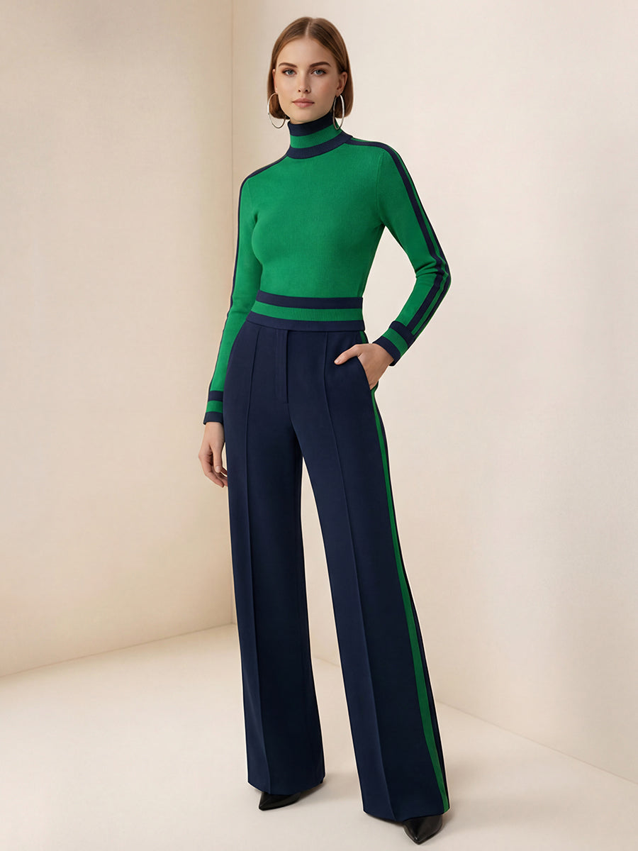 Loose Wide Leg Contrast Color Pockets Split-Joint Striped Pants