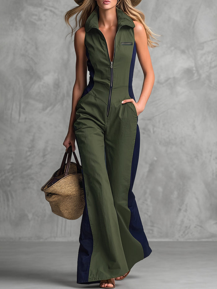 Contrast Color Pockets Zipper Sleeveless Wide Leg Lapel Jumpsuits