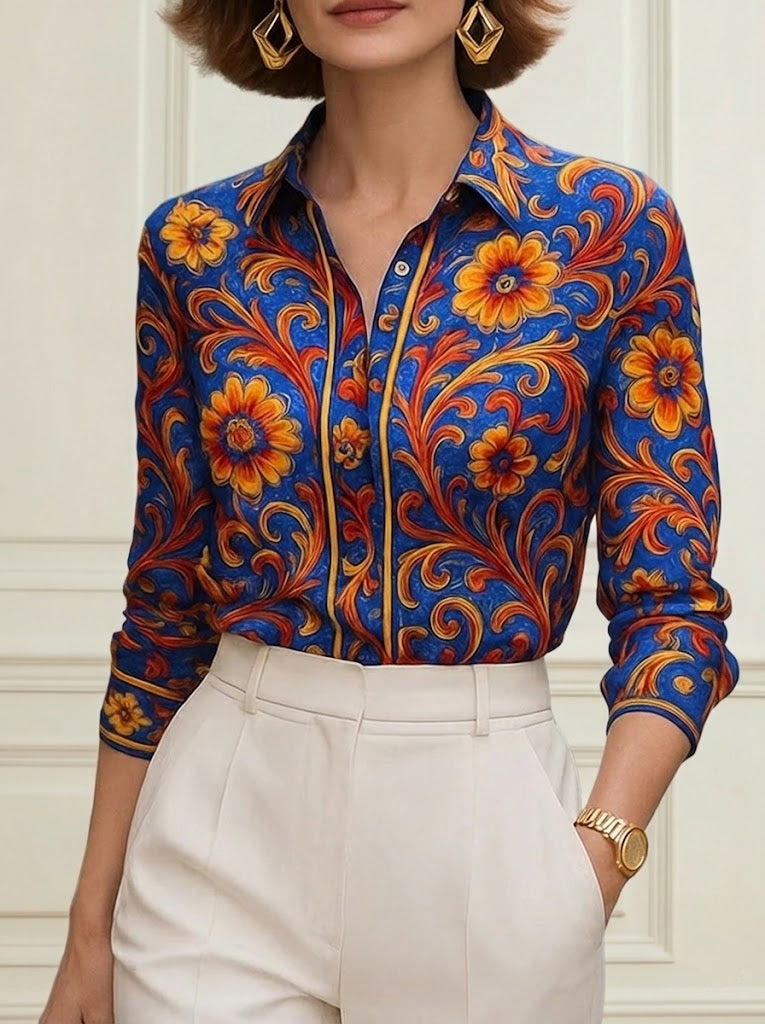 Buttoned Flower Print Long Sleeves Lapel Blouses&Shirts Tops