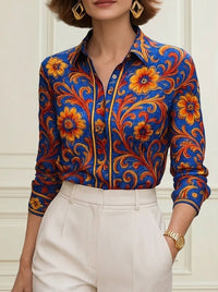 Buttoned Flower Print Long Sleeves Lapel Blouses&Shirts Tops