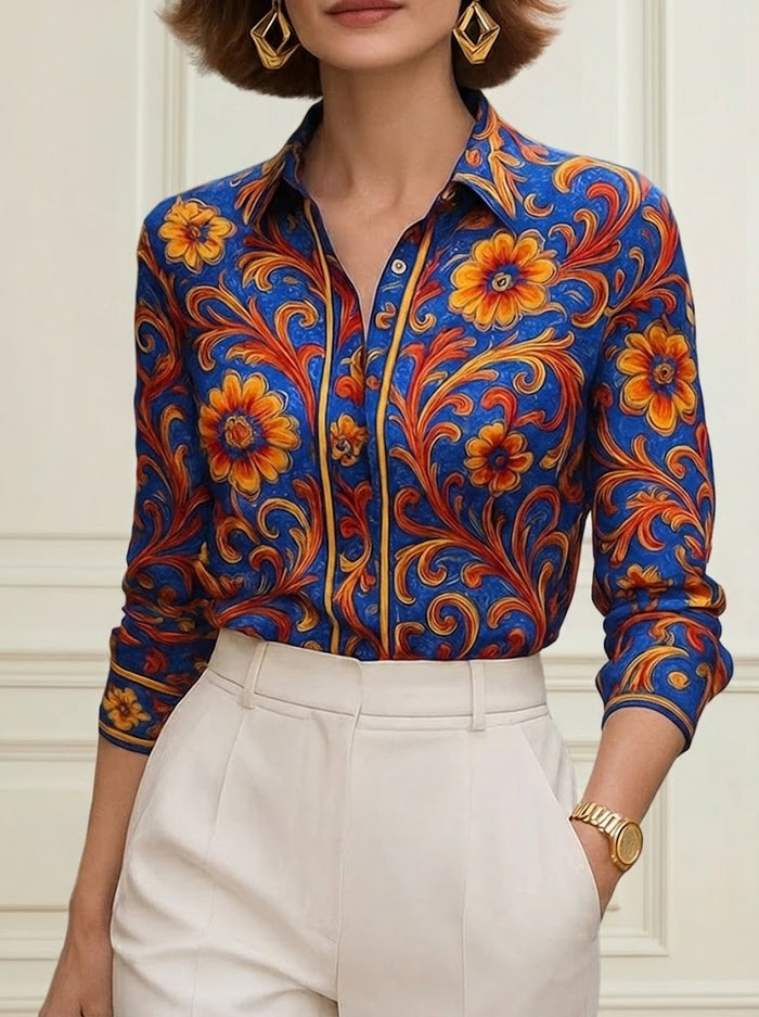 Buttoned Flower Print Long Sleeves Lapel Blouses&Shirts Tops