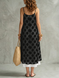 False Two Sleeveless Contrast Color Polka Dot See-Through Spaghetti-Neck Midi Dresses Slip Dress
