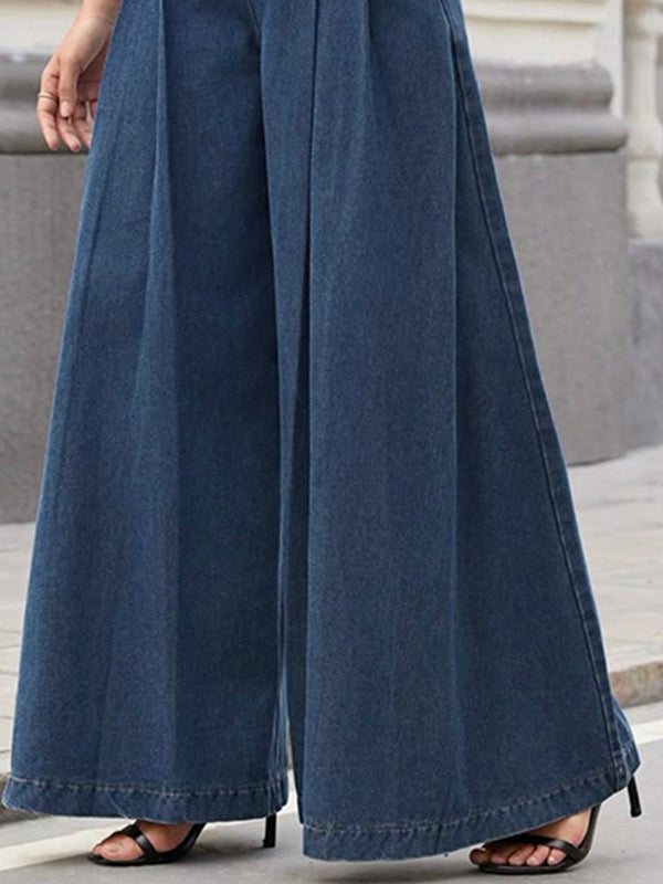 Loose Wide Leg Pleated Pockets Solid Color Jean Pants Bottoms Trousers