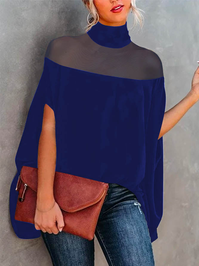 Batwing Sleeves See-Through High-Neck Blouses&Shirts Tops