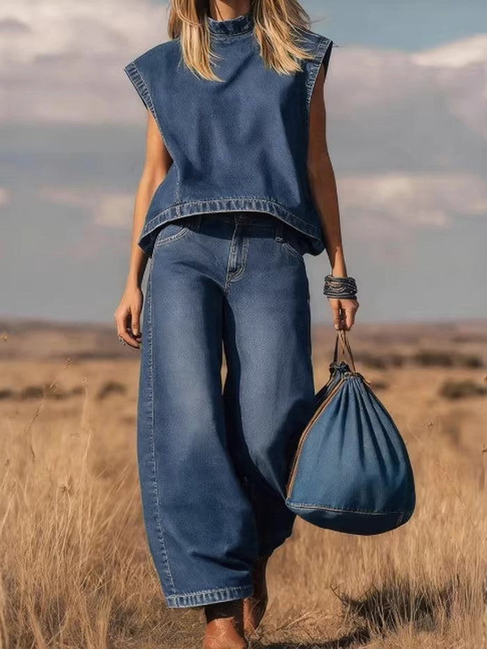 High Waisted Loose Pockets Solid Color Mock Neck Suits Vest Top + Pants Bottom Two Pieces Set