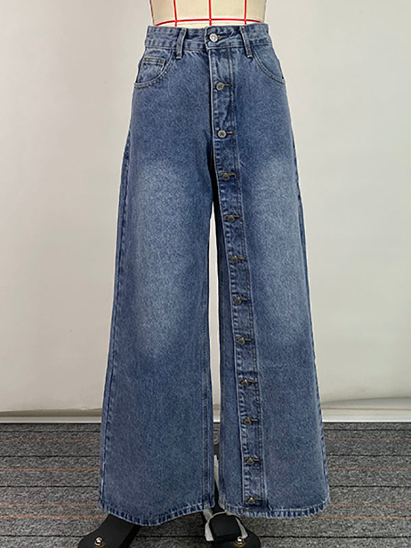 High Waisted Loose Buttoned Pockets Jean Pants Bottoms