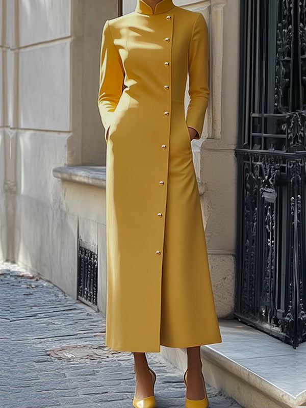 Long Sleeves Loose Buttoned Pockets Solid Color Split-Joint Stand Collar Maxi Dresses
