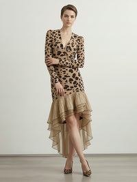 Bodycon High-Low Contrast Color Leopard Ruffled Split-Joint Deep V-Neck Midi Dresses