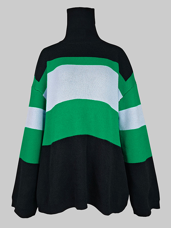 Contrast Color Split-Joint Flared Sleeves High-Low High Neck Sweater Tops Pullovers