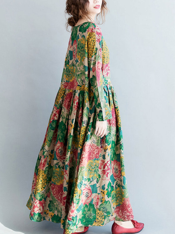 National Style Flower Printed Long Dress