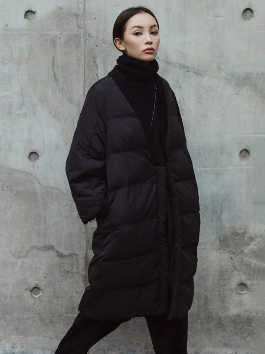 Simple Black Lace-up Cotton-padded Cloths Coat Outwear