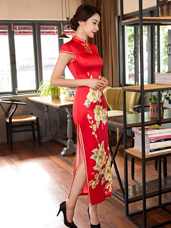 Red Side Split Long Cheongsam Dress