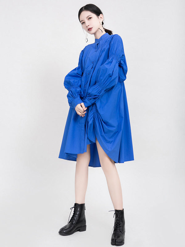 Blue Loose Pleated Cropped Blouse Dress