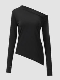 Stylish Solid Color One-Shoulder Long Sleeves T-Shirt Top