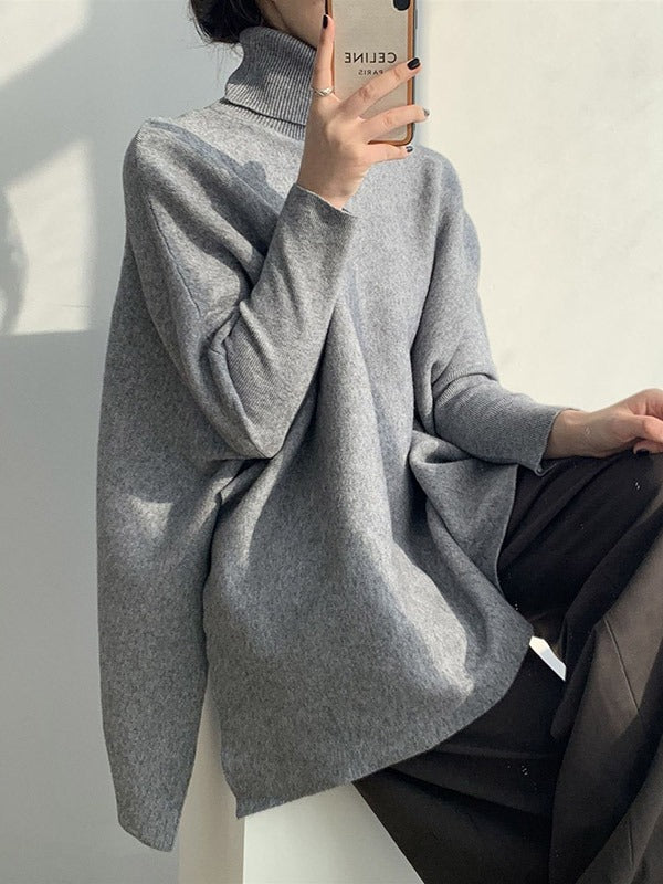 Original 4 Colors Split-Side High-Neck Long Sleeves Sweater Top