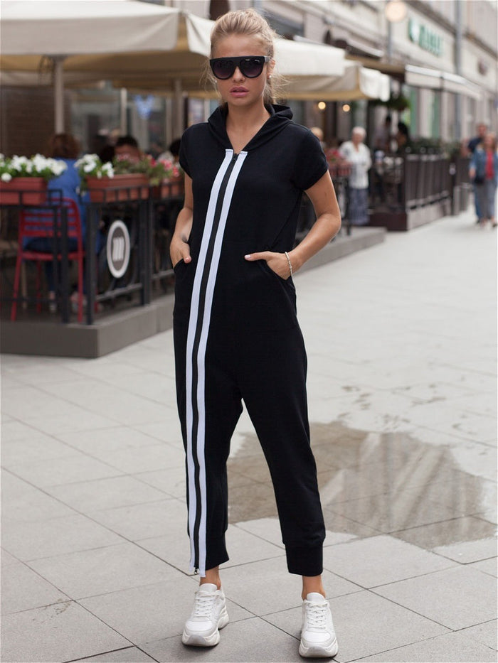 Fashion Stripes Zipper Hooded Jumpsuits