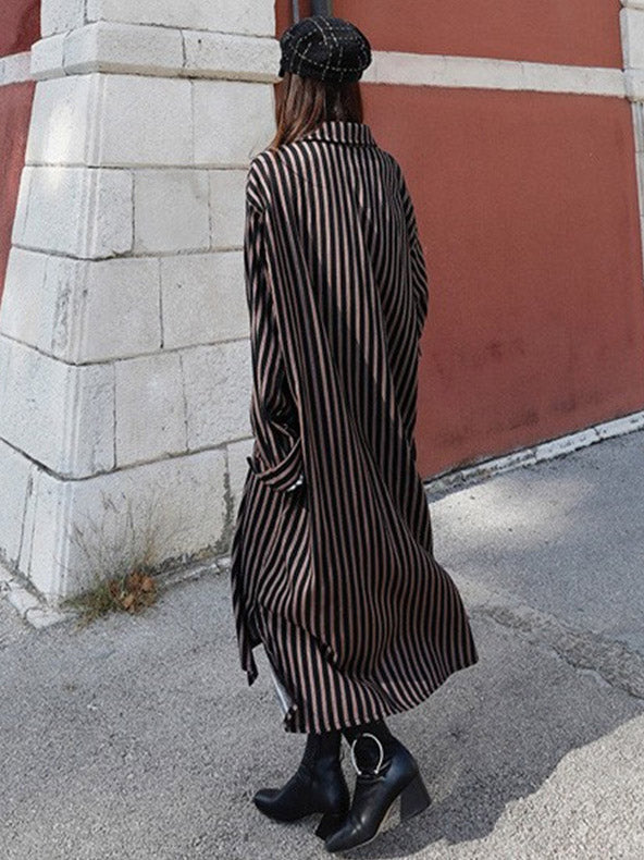 Loose Striped Lapel Split-joint Blouse Dress