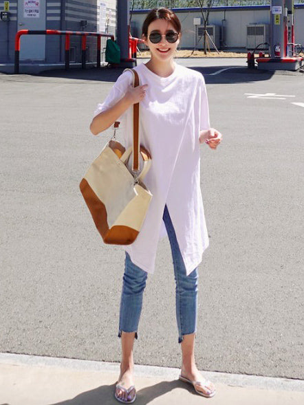 Solid Loose Simple Split-Front T-Shirt Top