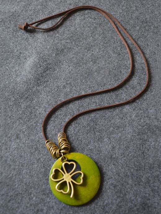 Vintage Wood Four Leaf Clover Necklace