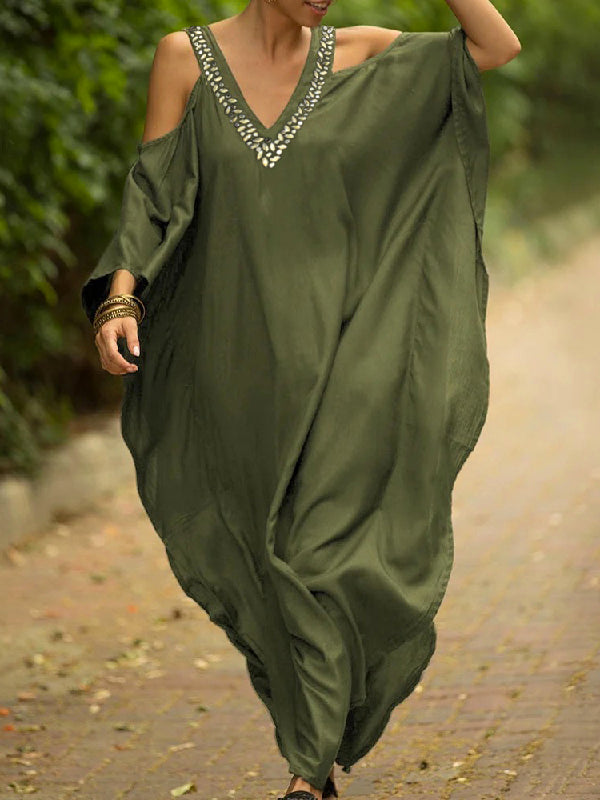 Batwing Sleeves Loose Solid Color Cold Shoulder Maxi Dresses