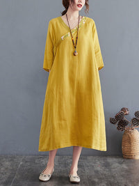 Cotton Blend V-Neck Embroidered Midi Dress