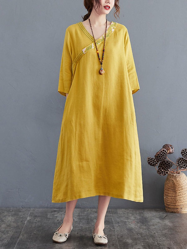 Cotton Blend V-Neck Embroidered Midi Dress