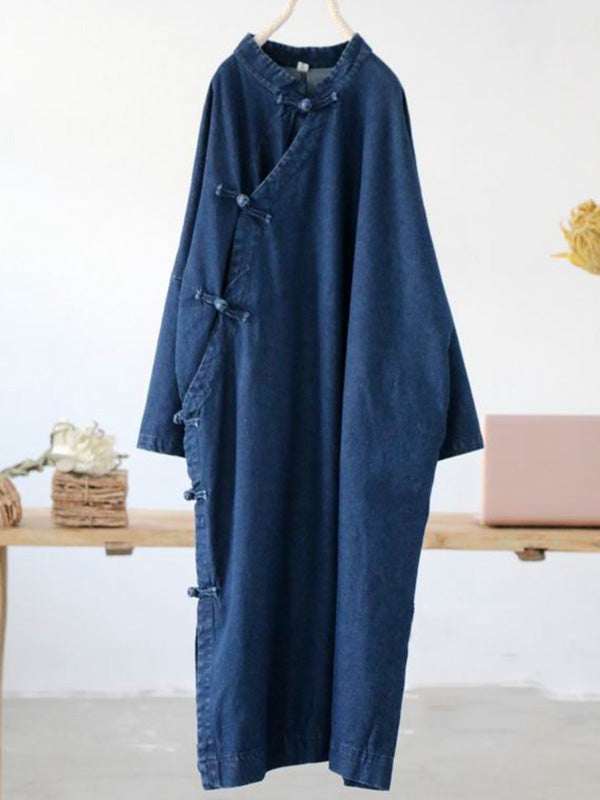 National Style Button Long Dress