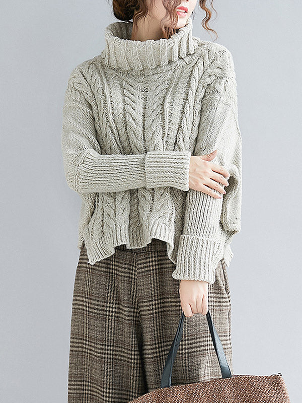 Cable- Knit High-neck Solid Loose Sweater