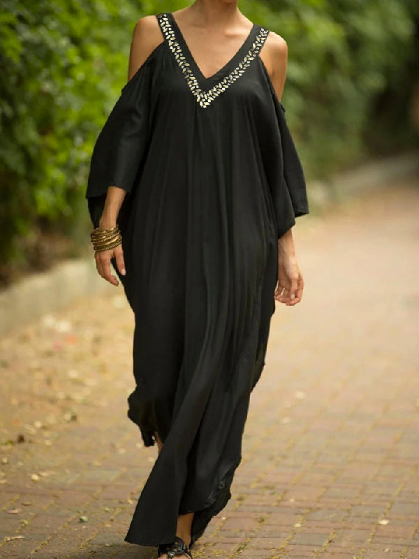 Batwing Sleeves Loose Solid Color Cold Shoulder Maxi Dresses