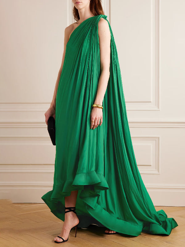 Banquet Sleeveless Loose Pleated Falbala Solid Color One-Shoulder Maxi Dresses