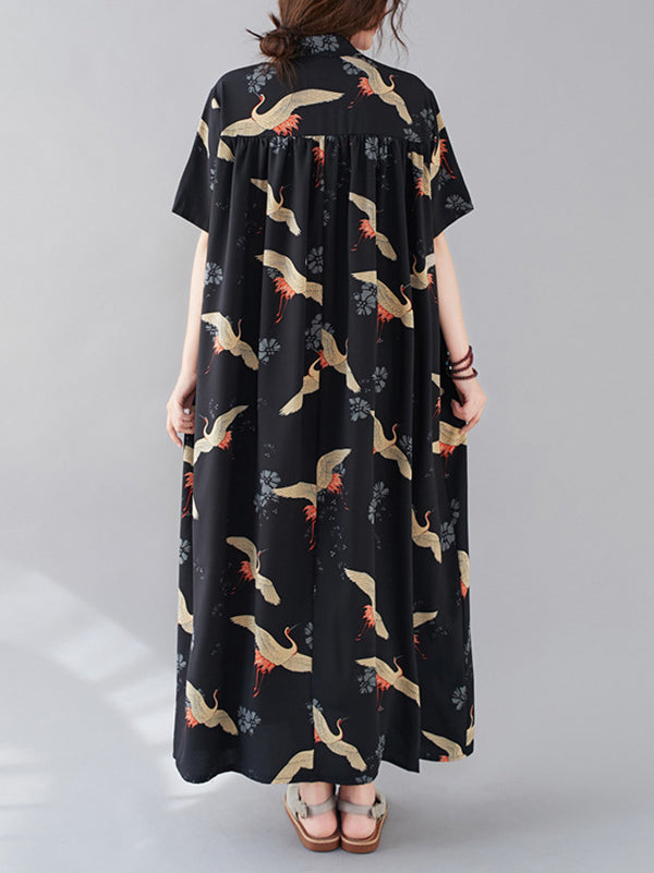 National Style Printed Stand Collar Shirt Dress