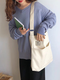 Simple Solid Color With-pockets Canvas Handbag