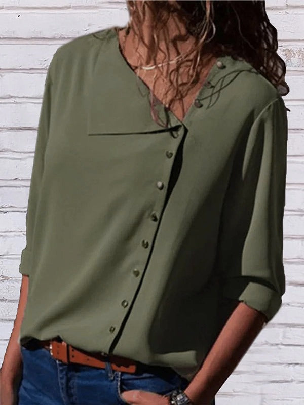 Causal Buttoned Asymmetric Long Sleeves V-Neck Blouse Tops