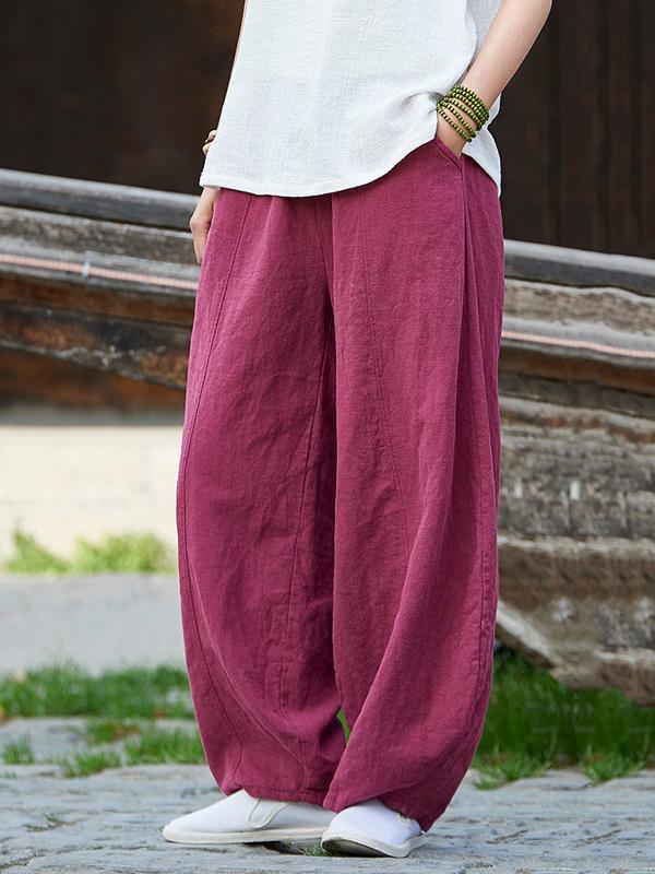 Burgundy&Navy Blue Ramie Cotton Casual Linen Bloomers Pants