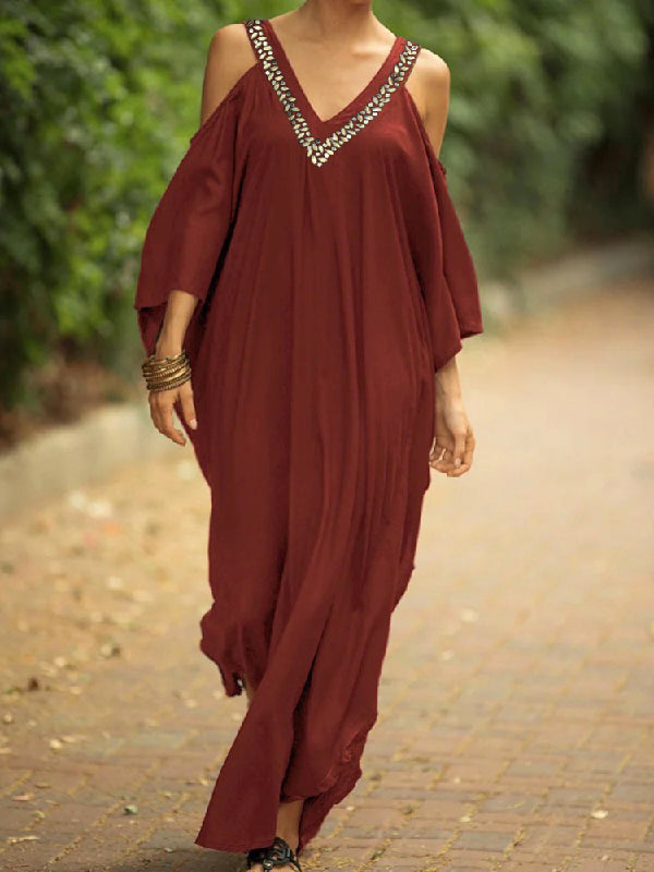 Batwing Sleeves Loose Solid Color Cold Shoulder Maxi Dresses