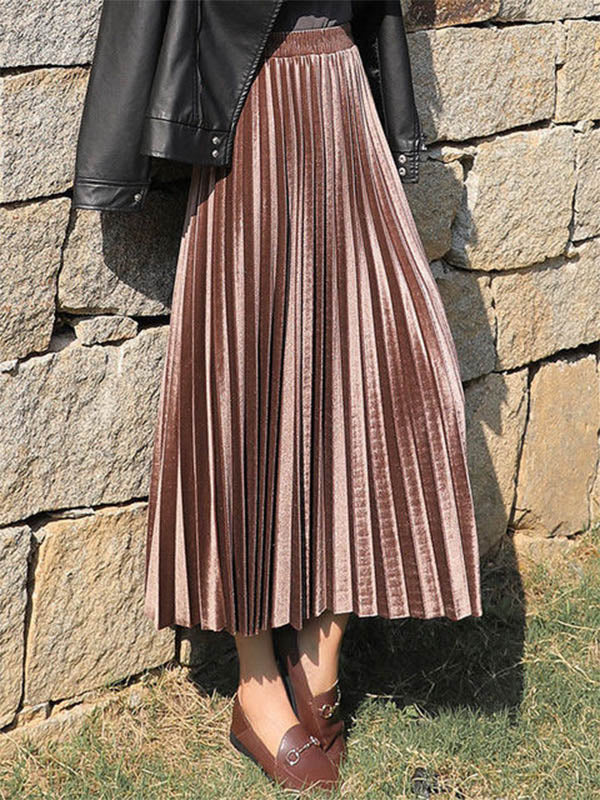 Solid Color High-Waist Pleated A-Line Skirt