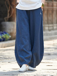 Burgundy&Navy Blue Ramie Cotton Casual Linen Bloomers Pants