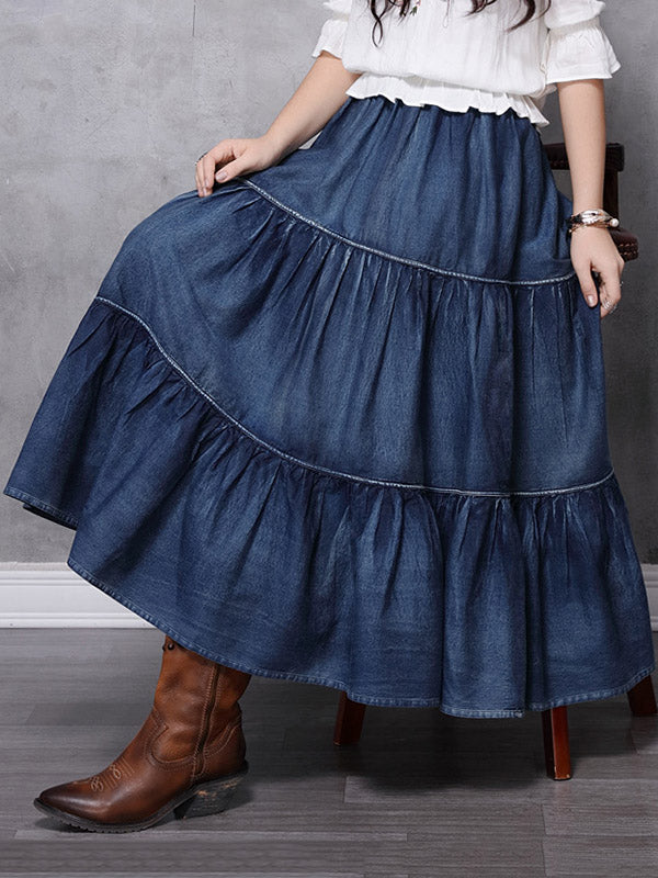 Vintage Splicing Pleated Jean Skirt